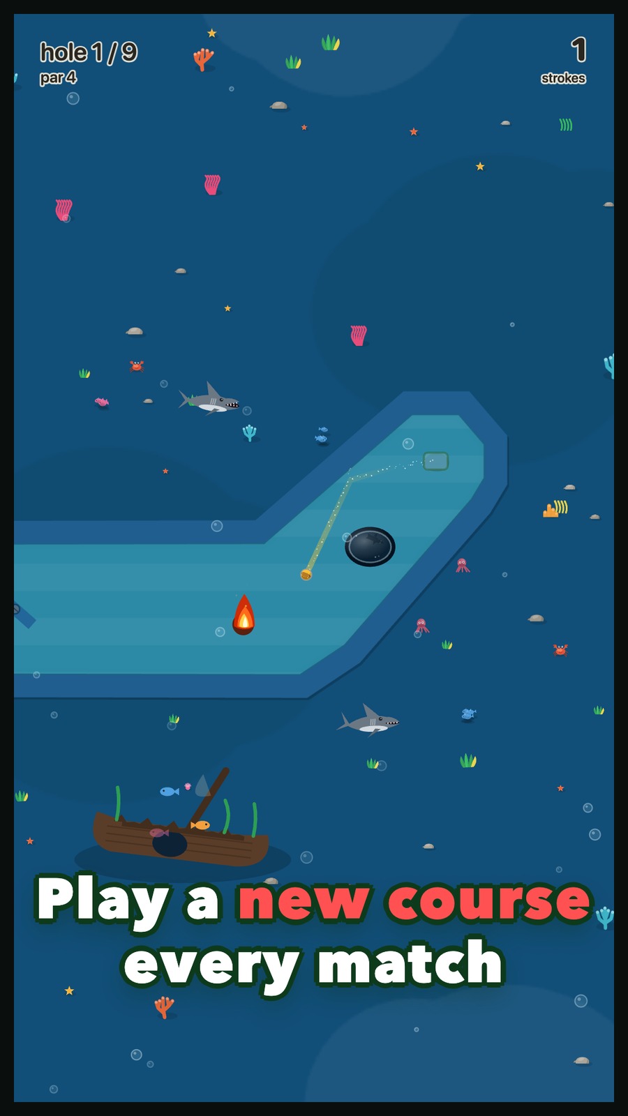 Putting across an underwater course past a shark